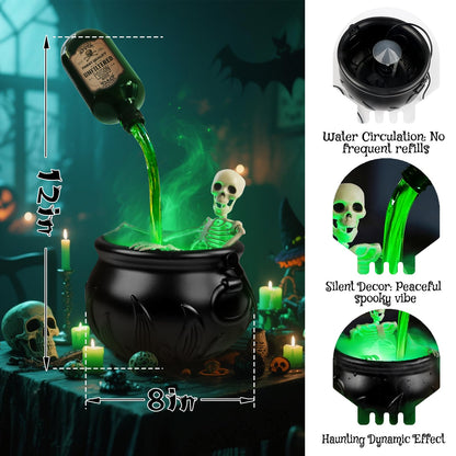 Halloween Decorations Indoor, Cauldron Halloween Decor Set with Magic Floating Potion Bottles Skeleton Mist Maker, Black Witches Cauldron Diffuser for Home Kitchen Mantel Party Decor