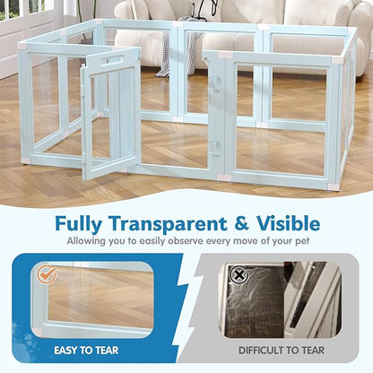 DIY Clear Acrylic Dog Playpen Indoor, Transparent Easy Cleansing Puppy Fence with Suction Cup, Easy-Assemble Indoor Whelping Crate for Small Puppies (23.6" H, 10PCS), Blue