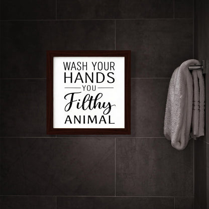 Funny Bathroom Wall Art Poster Wooden Framed Sign Black And White Bathroom Decor Wash Your Hands Sign For Kids Mens Toilet Quotes Signs 8×8 inch