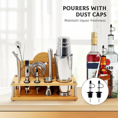 Daily Treasures Professional Cocktail Shakers Set with Bamboo Display Stand & Margarita Salt Rimmer,16-Piece Bartender Kit for Home Bar,825ml / 28oz Boston Shaker, Mixology Bartender Kit Bar Tool Set