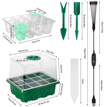 Tuidshui Seed Starter Tray with Grow Lights 5 PCS Kit Humidity Dome Adjustable Brightness Timer Controller 8 LED Seedling Trays with Tall Lid Mini Greenhouse for Staring Seedlings