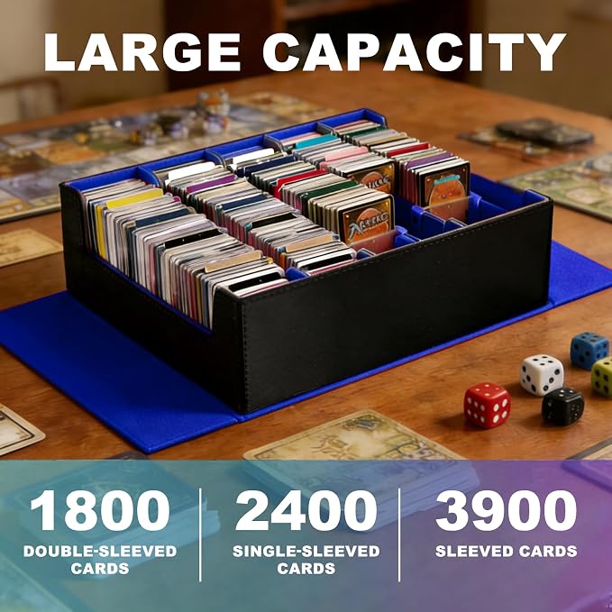 Magnetic Leather Trading Card Storage Box - 5-Row Deck Case Design, 3900+ Capacity for YuGiOh, MTG, TCG and Sports Cards, Includes 24 Colorful Dividers & 5 Card Supports（ Black/Blue）