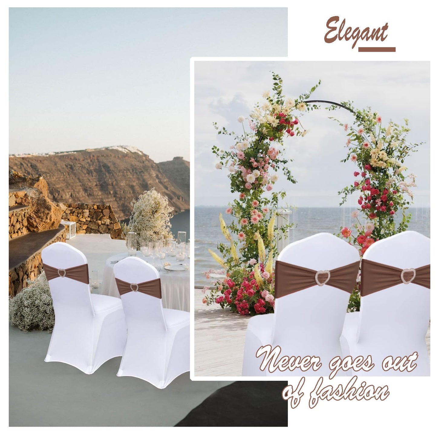 Fbewom Brown Chair Sashes 60 Pack Spandex Brown Sashes for Chairs Universal Spandex Chair Sashes Bands with Heart Buckle Slider for Wedding Banquet Party Decorations