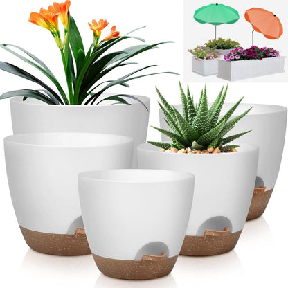 QRRICA 10/9/8/7.5/7 Inch Self Watering Pots and 2 Pack 23.6 Inch Plant Umbrellas for Outdoor Plants