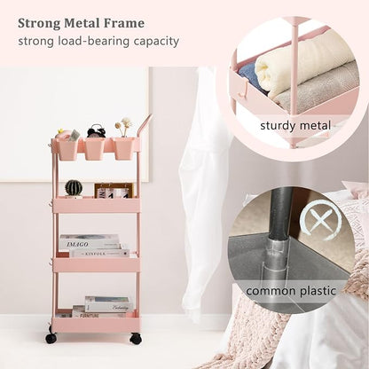 Danpinera 4-Tier Pink Slim Storage Cart, Narrow Laundry Cart with Wheels, Dividers, Hanging Cups, Hooks, Easy Assembly