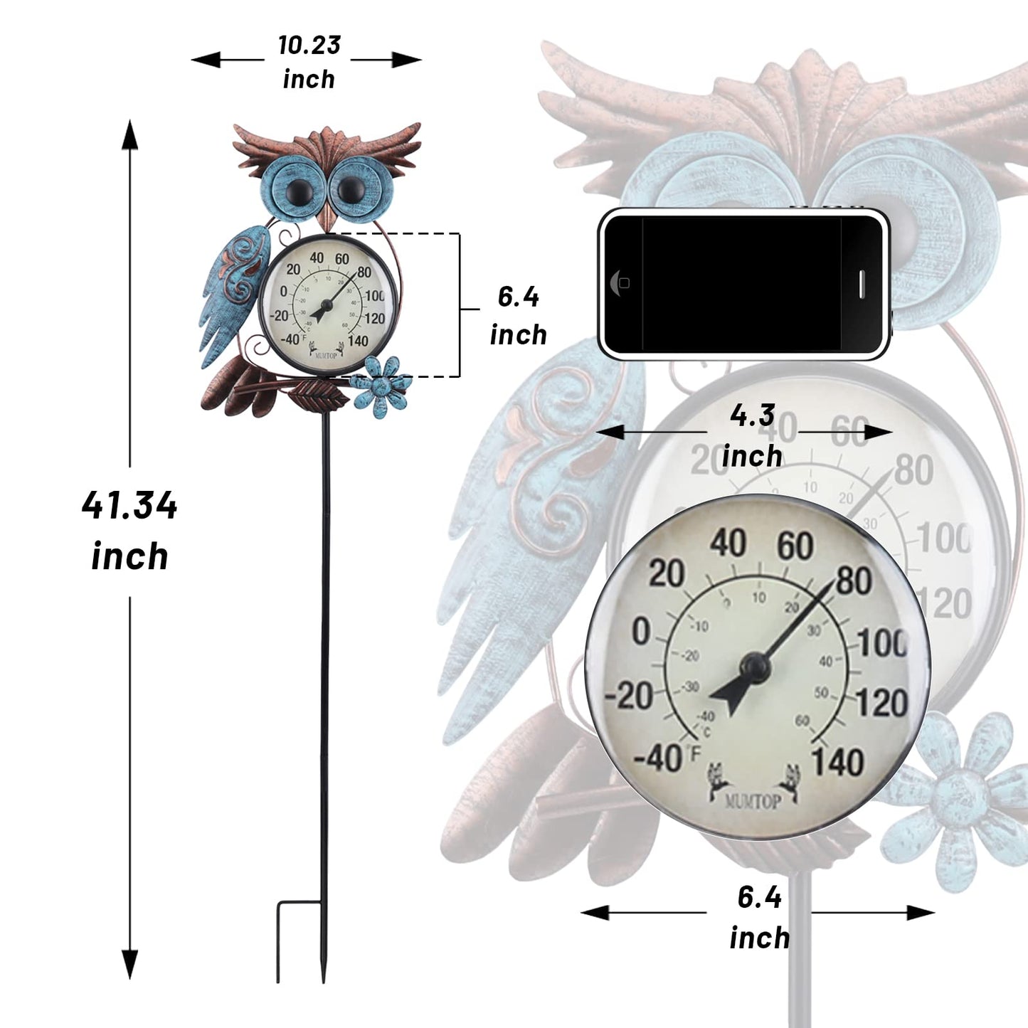 MUMTOP Outdoor Thermometer, 42 Inch Metal Owl Garden Stake Outside Wall Thermometer for Patio, Yard and Garden