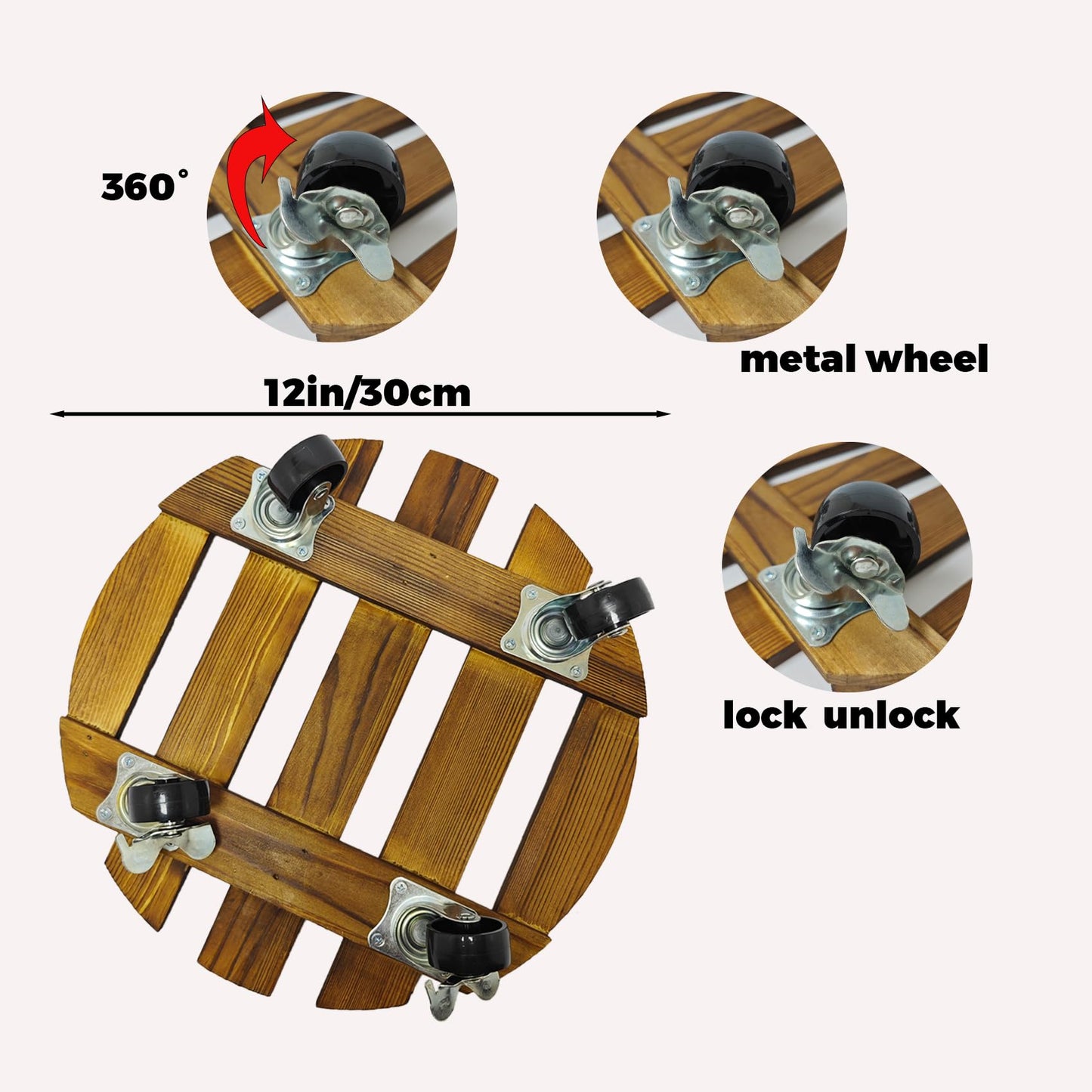 Jenloou 2 Pack Plant Caddy with Wheels, 12 Inch Rolling Plant Stand Heavy Duty with Metal Lockable Casters, Wooden Plant Dolly for Outdoor Indoor, Large Flower Pot, Patio (12inch-2 pack)