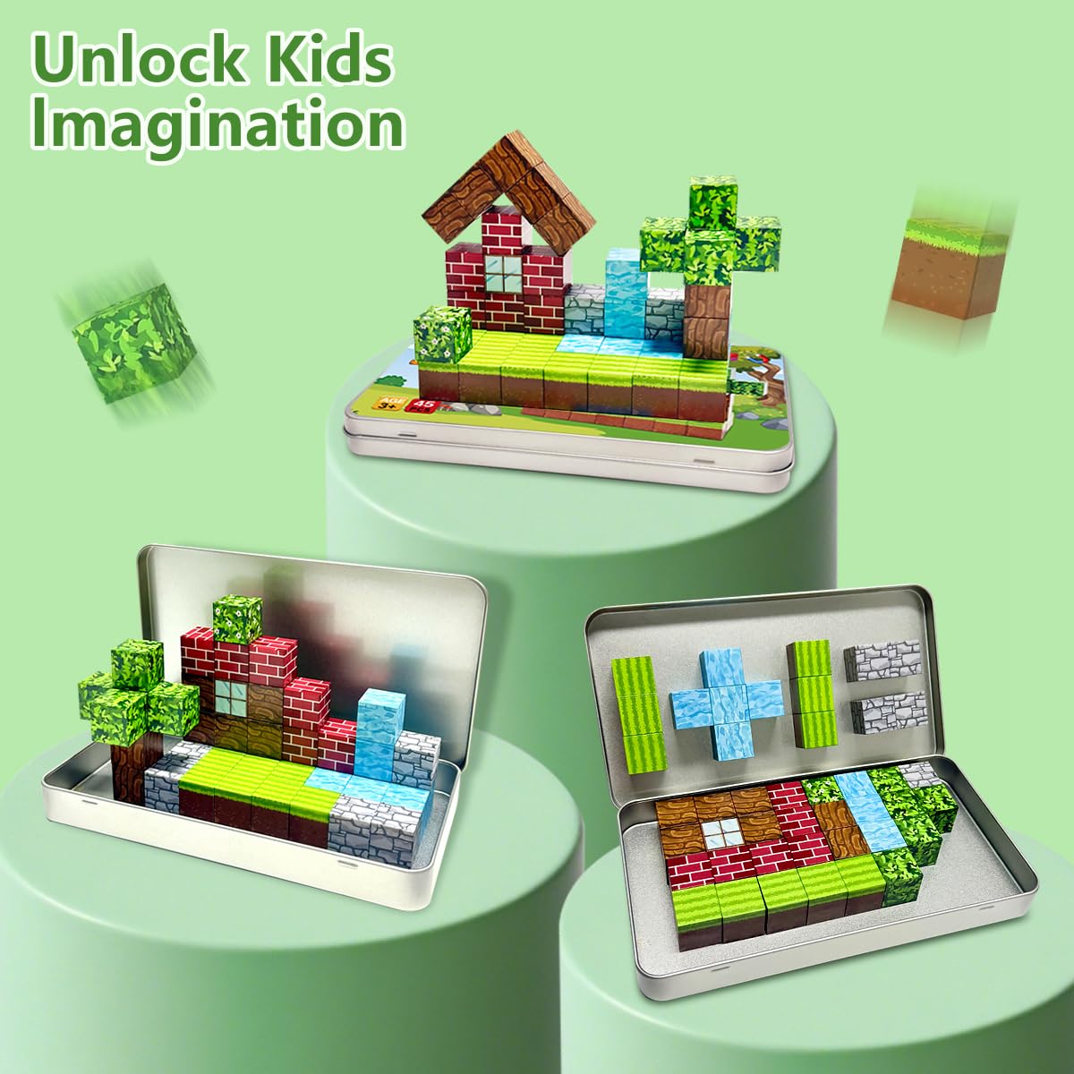 uMadeUs Magnetic Blocks Building Set - Puzzle Cubes as STEM Toys for Kids - Toddlers Sensory Construction Tiles - Ages 3+ Creative Educational Games for Boys and Girls - Adventure Forest 100pc Block