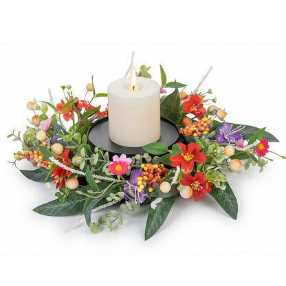 MOYEE Summer Candle Holder Centerpieces for Tables,Candle Ring, Black Metal Candlestick with an Artificial Wreath 14 in Versatile Dining Table Centrepiece (Red Flower Green Leaf Wreath)