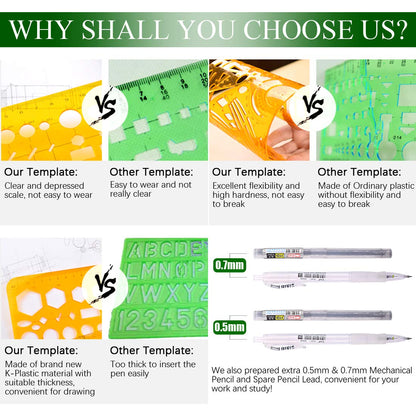 Keadic 12Pcs Geometric Drawings Templates, Geometry Ruler Plastic, Clear Shape Template Yellow Architect Scale Measuring Ruler Drafting Stencils Measuring Tools for Designing and Building