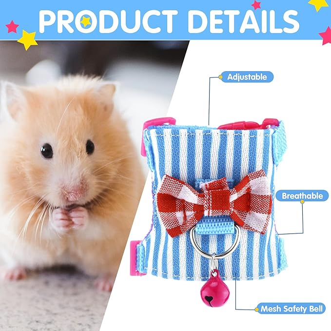 2 Pieces Hamster Harness and Leash Set for Walking, Small Guinea Pig Clothes with Bowknot Bell, No Pulling Comfort Padded Vest Striped for Guinea Pig Hamster Ferret, Small Animals (Blue, Pink,S)