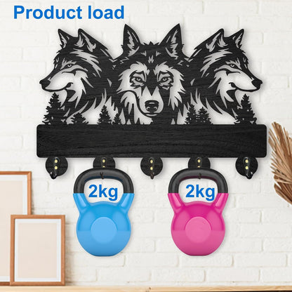 AIENAI Wolf Design Wall Mount Key Holder, 5 Metal Hooks, Solid Wood Coat Rack, 11.8x7.9 inches, Black