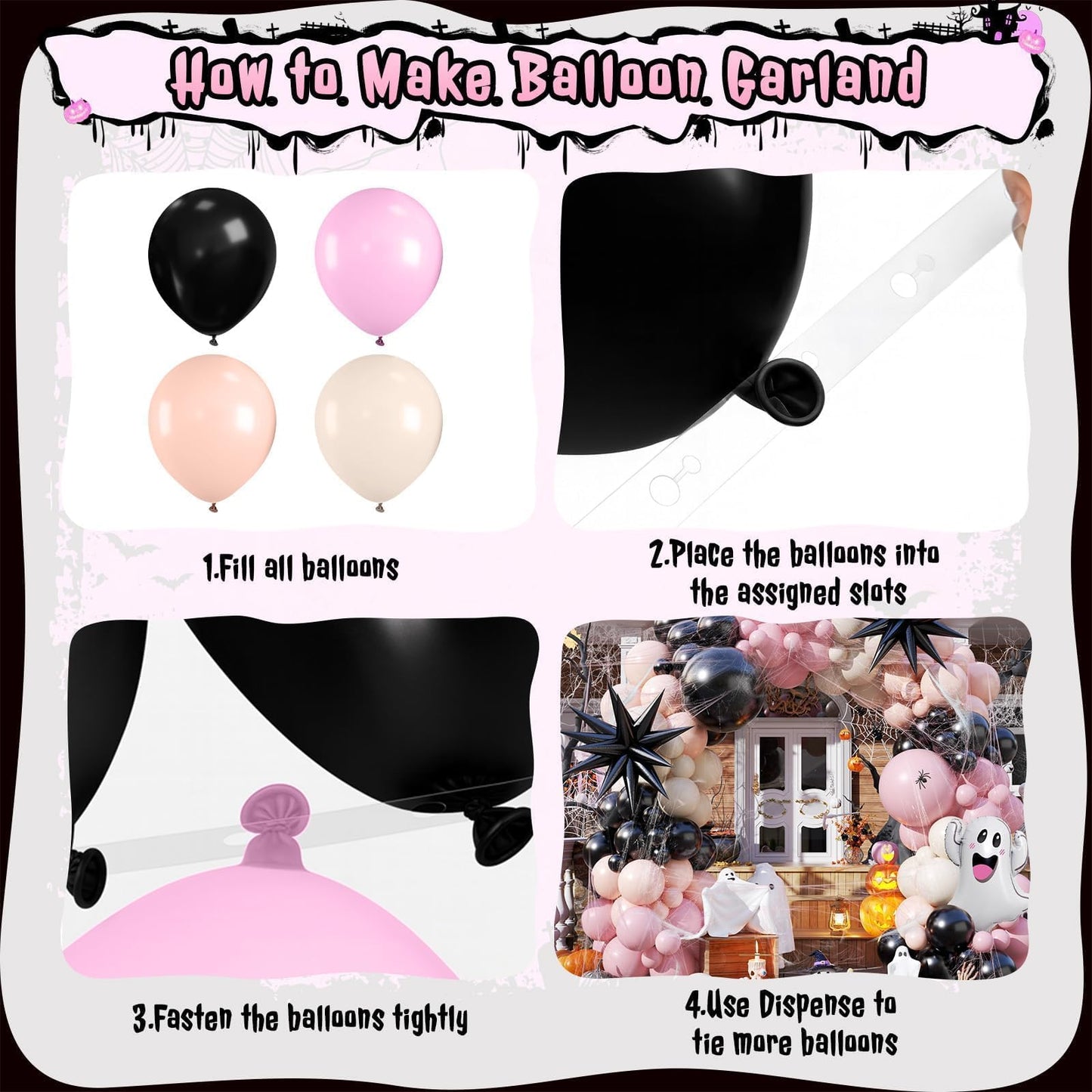 Halloween Balloon Arch Garland Kit, Black Macaron Pink Orange Sand White Balloons, Ghost and Star Foil Balloon, Fake Spider Webs for Kid Girl Halloween Birthday Party Decorations Baby Shower Backdrop