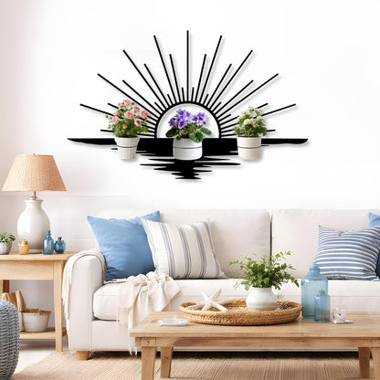 Glethua Sunrise Metal Wall Mount Plant Holder, Sun Wall Plant Holder, Sunshine Metal Hanging Planter for Living Room, Kitchen, Bathroom (Gold, 59"x 35"| 150x89cm, 4 Pack 4" Flower Pot Holder Ring)