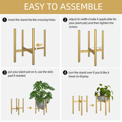 Rioneta Adjustable Metal Plant Stand Indoor, 8 to 14 Inch Pots Mid Century Modern Outdoor Planter Holder,Heavy Duty 160 LB Load, Corner Floor Small Stand for Home Garden Decor Golden