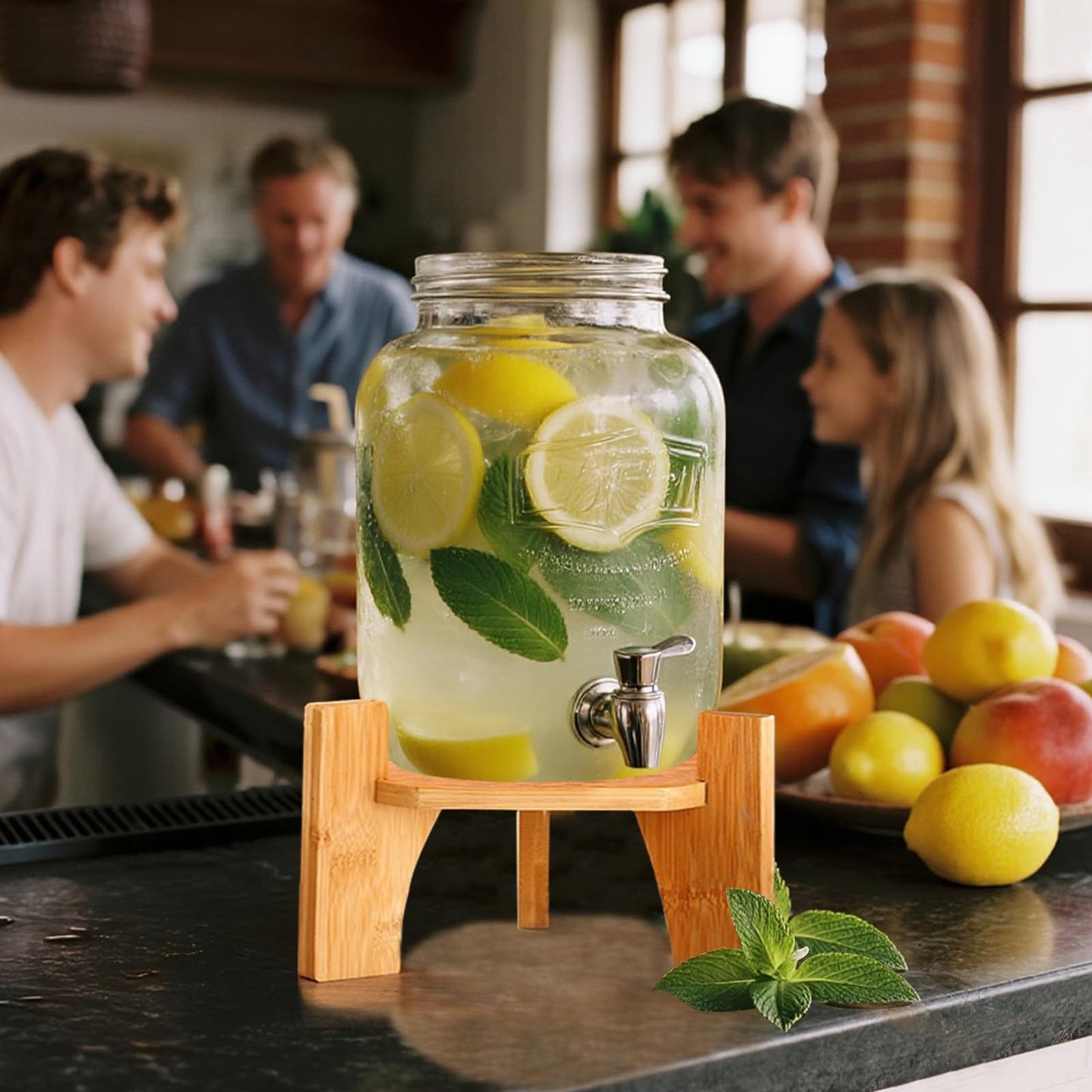 Wood Drink Dispenser Stand Natural Bamboo Fits 7 in (18 cm) Inch Diameter Beverage Jugs Elegant & Sturdy Stand for Home, Parties, & Catering Events