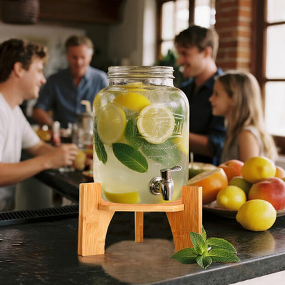 Wood Drink Dispenser Stand Natural Bamboo Fits 7 in (18 cm) Inch Diameter Beverage Jugs Elegant & Sturdy Stand for Home, Parties, & Catering Events