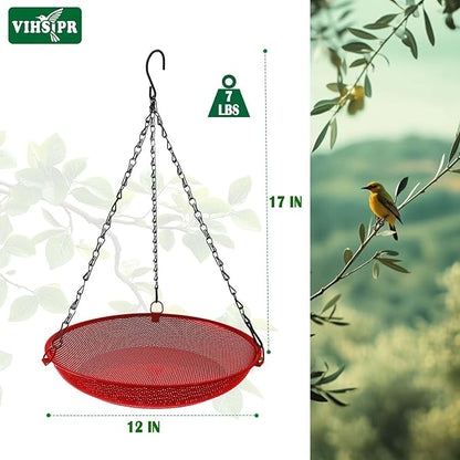 Hanging Bird Feeder for Outdoors – 12 in Platform Bird Feeder, Metal Mesh Seed Tray for Wild Birds, Red