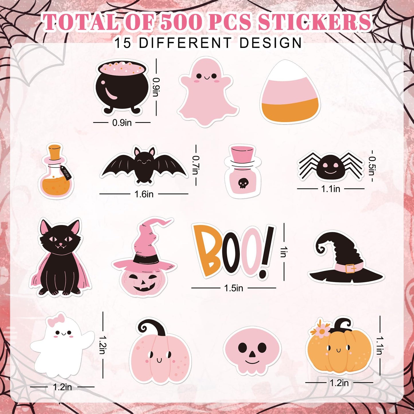 JarThenaAMCS 500Pcs Halloween Pink Foam Stickers Cute Cartoon Ghost Boo Pumpkin Self-Adhesive Sticker Decals for DIY Art Craft Birthday Baby Shower, 15 Designs