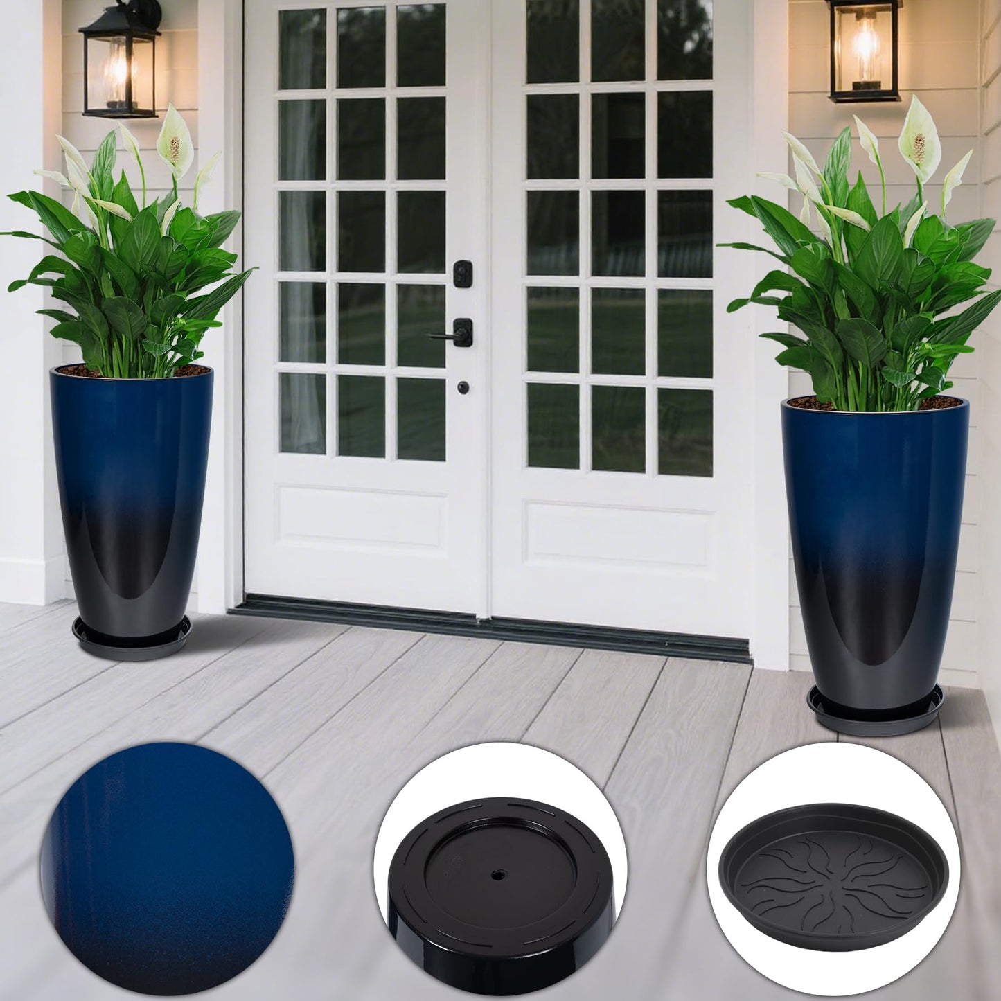 Neoaider Set of 2 Lightweight Ceramic-Look Tall Planter, 21 inch Large Plastic Planter with Drain Hole & Saucers, Large Outdoor Planters for Porch, Garden, Patio, Balcony(Dark Blue)