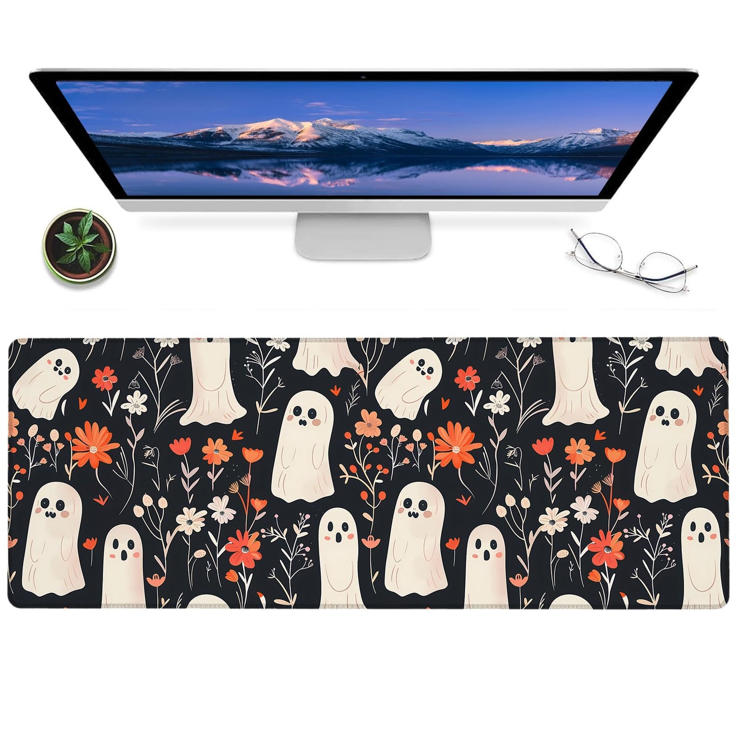 ainori Cute Ghost and Floral Mouse Pad – 12x31.5in Non-Slip Rubber Desk Mat with Halloween Design – Large Extended Mousepad for Office, Home, and Gaming – Deskmat Gifts for Halloween Lovers Decor