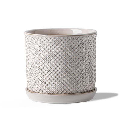 Chubacoo 5.8 Inch Plant Pot: Ceramic Planter with Drainage Hole & Saucer for Indoor Outdoor Plants - Flowerpot with Bonded Tray for Home Office - Beaded Embossed Style, Cream White