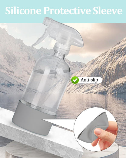 TERESRY 2 Pack 360° Glass Spray Bottles with Silicone Sleeve, 16 oz Empty Refillable Containers with Adjustable Spray Nozzles, Spray Bottles for Hair, Cleaning Solutions and Plants Grey