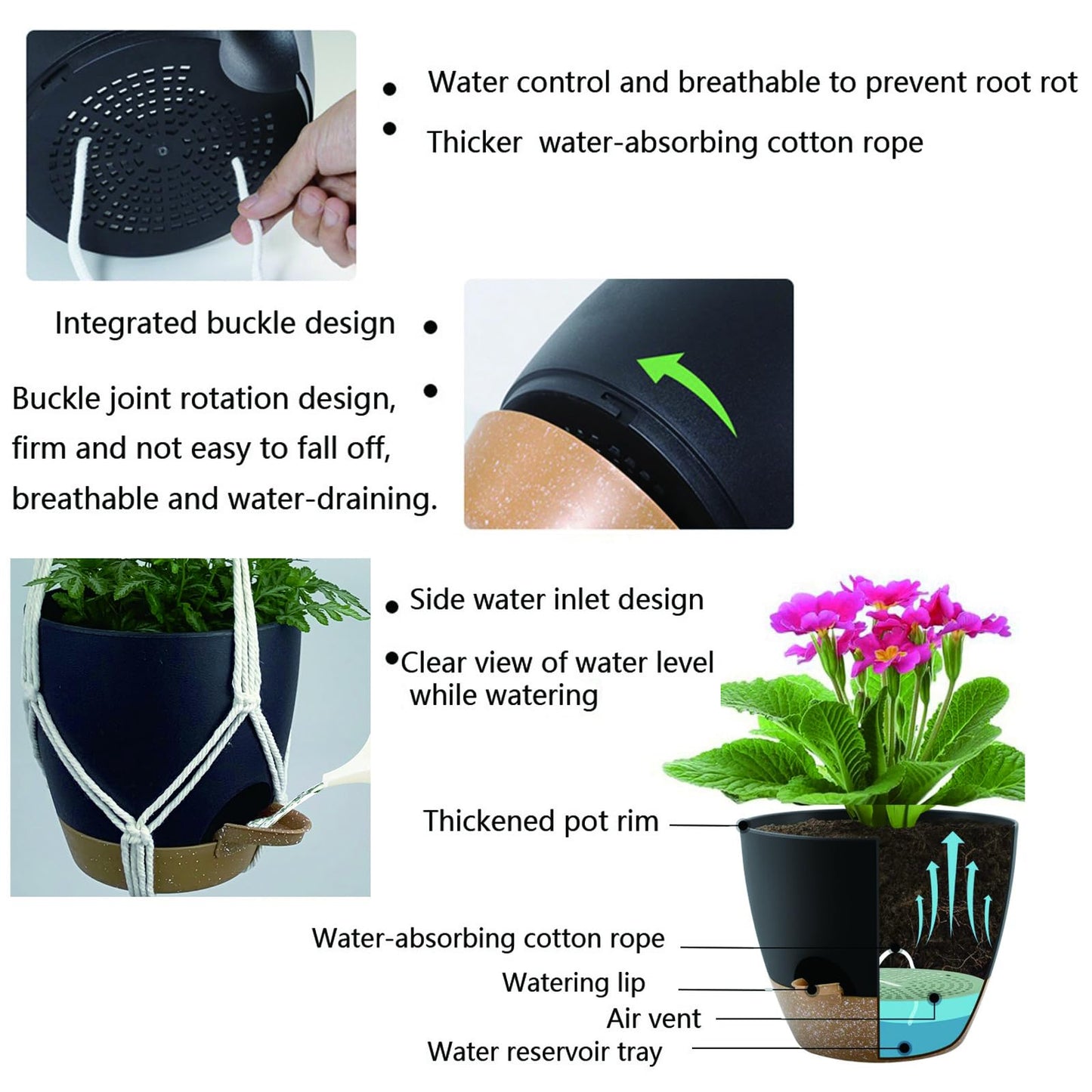 BLEAFLUV Hanging Planters with Macrame Plant Hangers for Indoor Outdoor Plants, 3 Set Hanging Baskets Flower Pots Holders 35''/27''/21'', Self-Watering Pots 7''/6''/5.5'', Boho Home Decor, Black