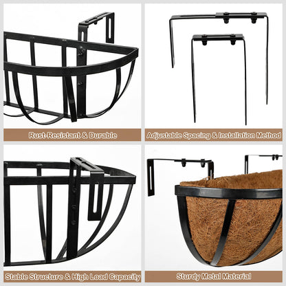 Nature Crafted 24 Inch Railing Planter Boxes with Adjustable Brackets for Hanging Outdoor Plants, Window Box Planter with Coco Liner for Balcony Deck Porch & Patio Garden Decor, 4 Pack & Black