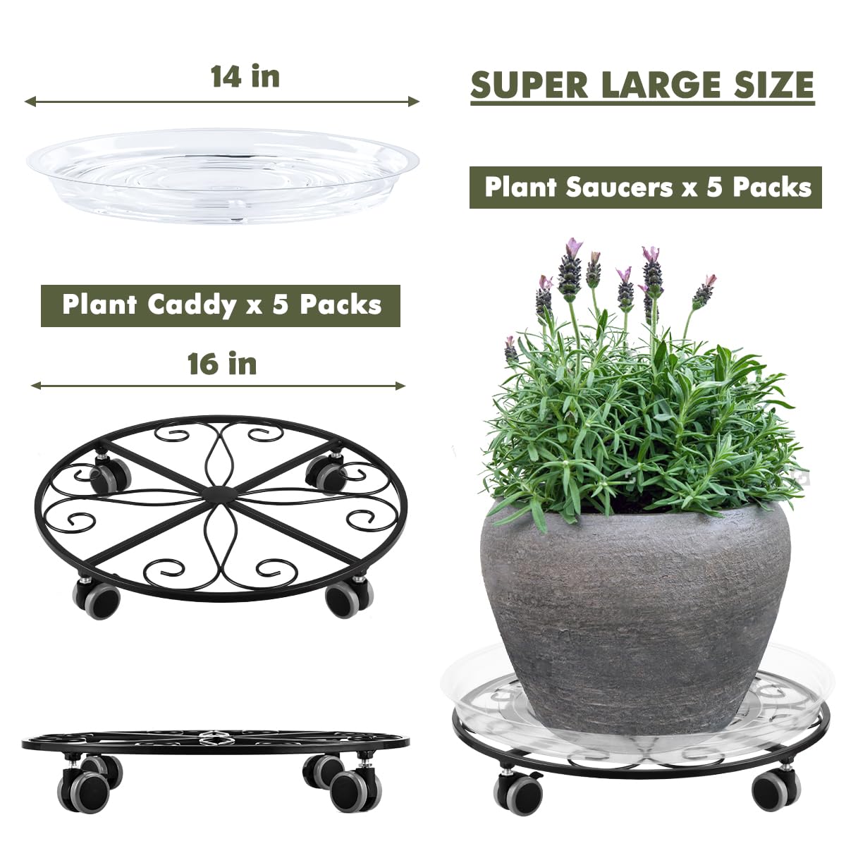 5 Pack Plant Caddy with Wheels Heavy Duty 16 Inch Large Metal Plant Stand with Wheels Plant dolly Rolling Plant Stand Plant Roller with Casters for Indoor and Outdoor with 5 Pack Plant Saucers, Black