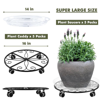 5 Pack Plant Caddy with Wheels Heavy Duty 16 Inch Large Metal Plant Stand with Wheels Plant dolly Rolling Plant Stand Plant Roller with Casters for Indoor and Outdoor with 5 Pack Plant Saucers, Black
