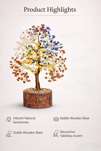 Rajasthali 7 Chakra Crystal Tree for Home Decor | Handcrafted Gemstone Bonsai Tree for Positive Energy, Vastu & Gifting | Wooden Base (Multi Seven Chakra)
