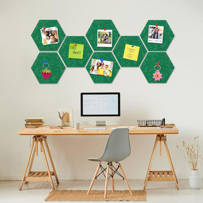 8 Packs Green Hexagon Felt Pin Board, 12" Bulletin Board with 30 Push Pins, Felt Board for Home Kitchen Office Decor, Self-Adhesive Corkboard Tiles for Walls Classroom Message Photos Memos Display