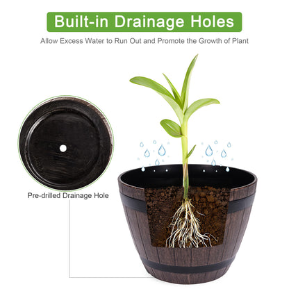 VECELO Plant Pots with Drainage Holes & Saucer, 13 Inch Flower Pots with Tray, 3 Pack Plastic Whiskey Barrel Planters for Indoor & Outdoor Garden Home Plants and Flowers