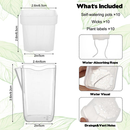 KKONHII 10 Pack 2.52" Small Self Watering Pots for Indoor Plants, Clear Plastic Planters with 10 Plant Label and Water Level Indicator Drainage Hole for Succulents, Propagation, African Violet