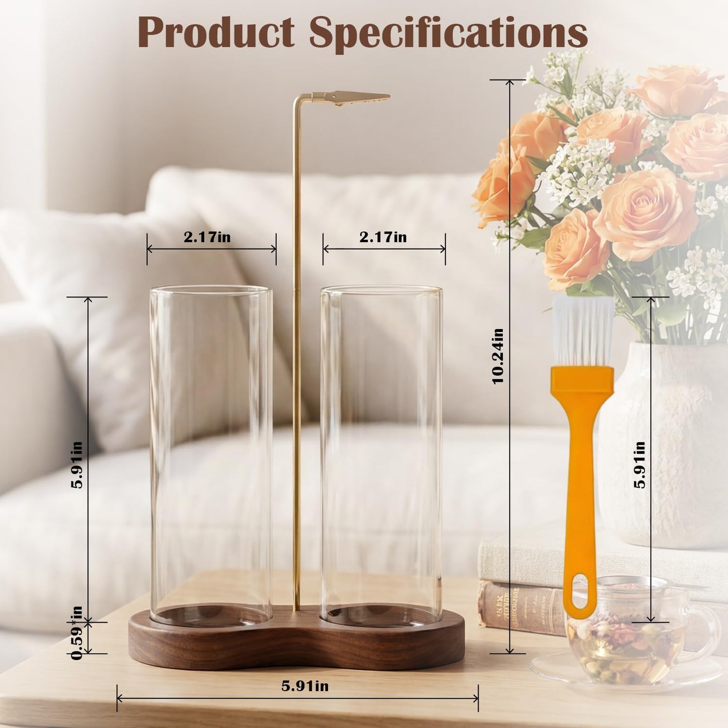 2 in 1 Mess-Free Hanging Incense Holder for Sticks, Anti-Ash Glass Incense Burner with Wooden Tray, Vertical Brass Stand Catcher, Aesthetic Zen Room Decor for Aromatherapy and Meditation