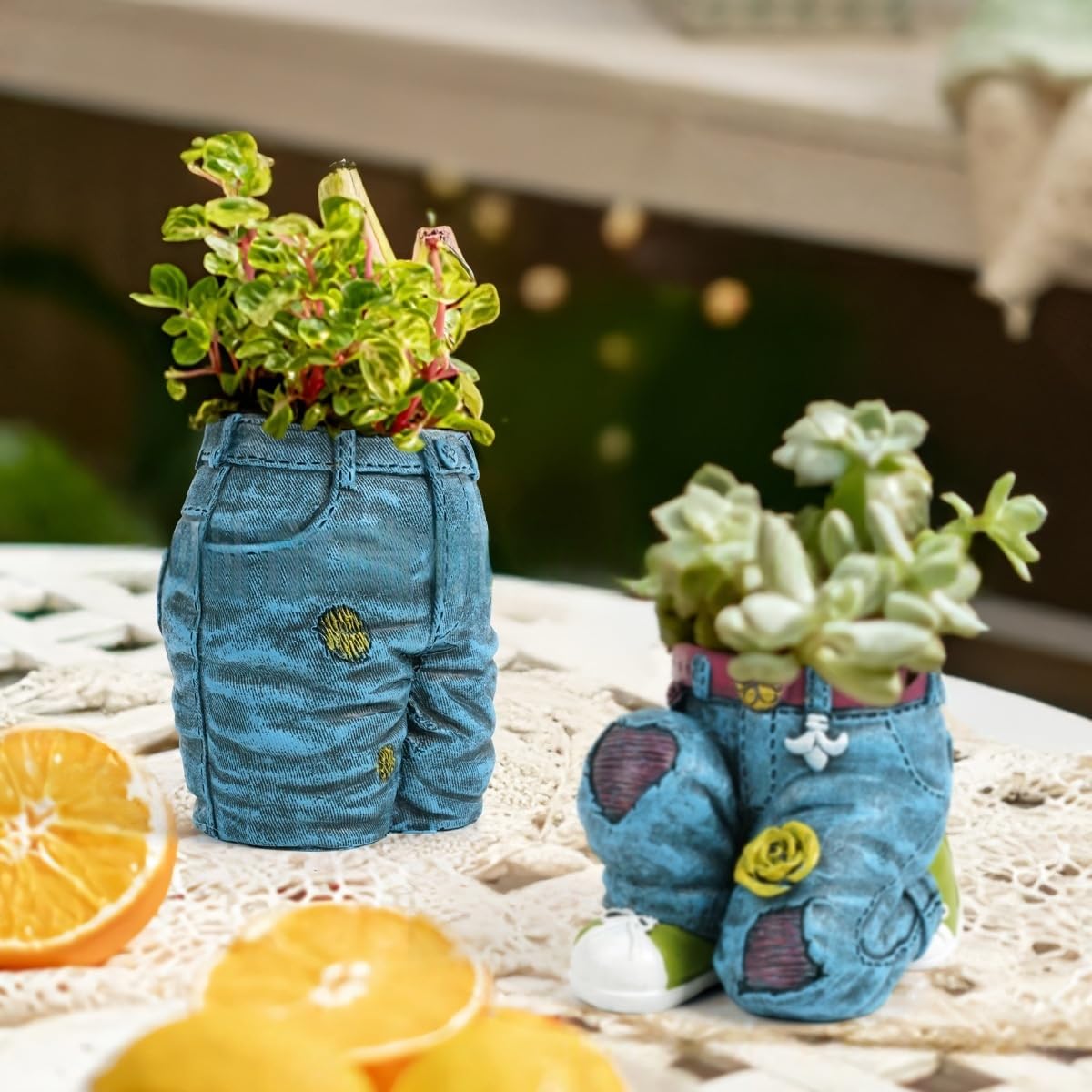 Creative Denim Pants Outdoor Flower Pots, Small Cute Resin Planters Indoor Plant Pot Decorative Garden Yard Table Ornaments Jeans Denim Pants Shape Figurines Statues for Home Living Room Outdoor