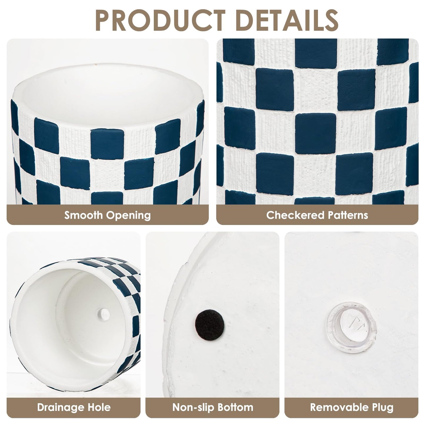 Nature Crafted 5.5 inch Ceramic Plant Pots with Drainage Hole Silicone Plug, Checker Ceramic Planters Flower Planter for Indoor Outdoor Home Garden Patio Office Gardening Desktop Windowsill, Blue