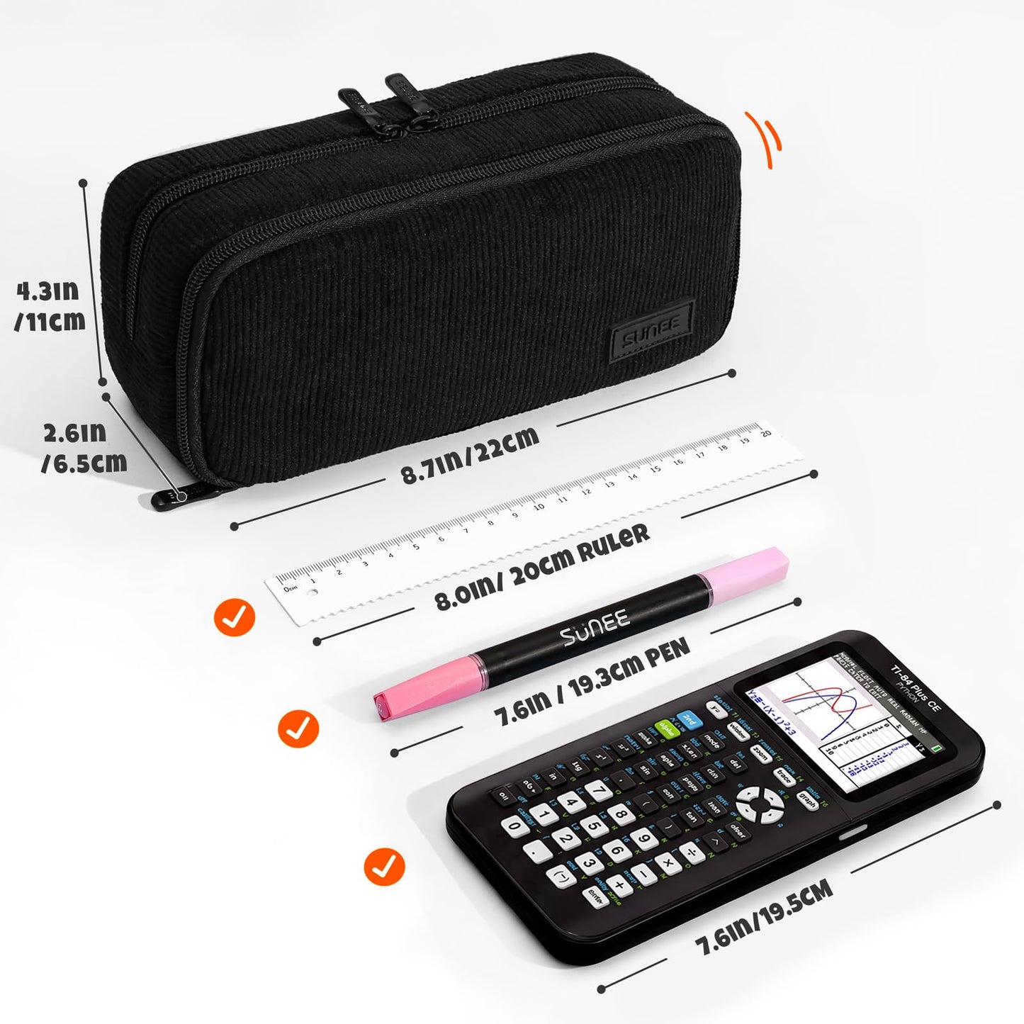 SUNEE Pencil Case, Large Capacity Pencil Pouch, Aesthetic Big Pen Bag, Soft Corduroy Pen Box for Office Stationery Organizer School Supplies Multifunctional for Teen Boys Girls Women Men, Jet Black