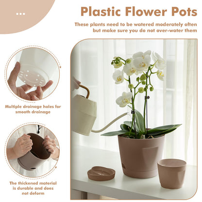 KvyusFlourish 5 Pack 4/5/6/7/8 Inch Plant Pots with Drainage Holes and Saucers Plastic Flower Pots for Indoor Plants Garden Planters Modern Houseplant Pots, Chocolate, Mixed Set