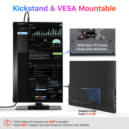 kksmart Portable Monitor for Laptop MacBook Surface PC Xbox PS5, Travel Monitor Second Screen for Laptop, HDMI USB-C VESA Compatible Built-in Speaker, 17.3