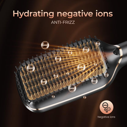 PRITECH Hair Straightening Brush Ionic 250-450°F Fasting Heating Anti-Scald & Auto-Off, Wide Plates Flat Iron Comb Teeth Dual-Voltage Straightener Hot Brush Ionizer Anti-Frizz (Black)