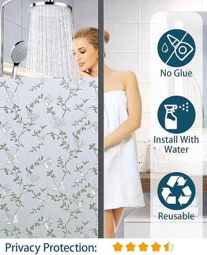 Frosted Glass Window Film with Elegant Flower Design, Bathroom Window Privacy Film for Glass Windows Cover, Static Cling, Removable, Reusable, Anti-UV, Anti-Glare, 35.4 Inch * 78.74 Inch