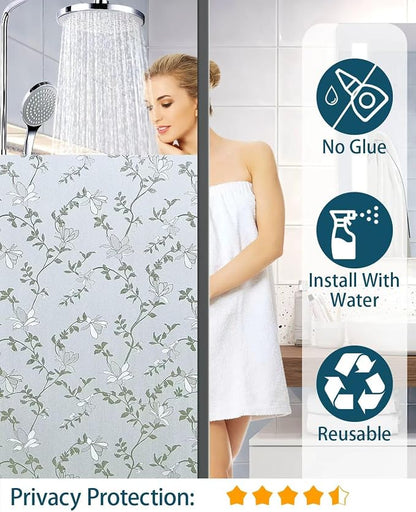 Frosted Glass Window Film with Elegant Flower Design, Bathroom Window Privacy Film for Glass Windows Cover, Static Cling, Removable, Reusable, Anti-UV, Anti-Glare, 23.6 Inch * 78.74 Inch