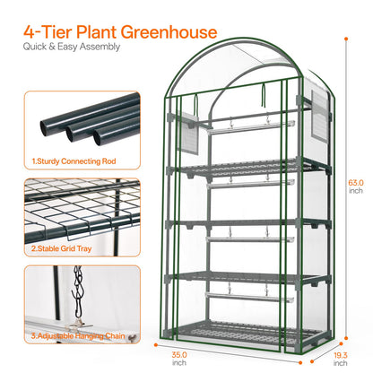 Bstrip Indoor Greenhouse with Grow Light, 4-Tier Mini Green House, 4Pcs Grow Lights for Indoor Plants with Timer, Zippered PVC Grow Tent with Airflow Windows, Indoor Greenhouse Cabinet 35x19.3x63in
