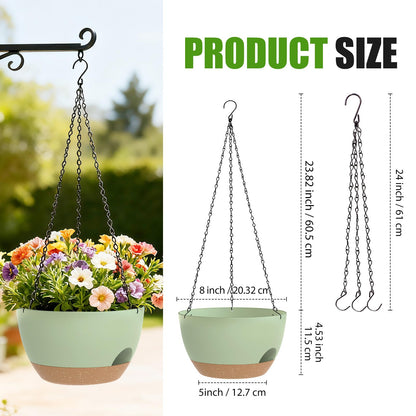 SQKH 8 Inch Hanging Planters for Indoor Outdoor Plants, 4 Pack Green Brown Plastic Self Watering Hanging Baskets with Drainage Holes and Chain for Garden Porch