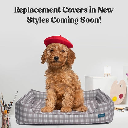 Orthopedic Bolster Dog Bed – CertiPUR-US Foam, Recycled Polyester Canvas, Washable Cover, Anti-Slip Bottom, Large, Grey Plaid – Stylish Designer Dog Sofa
