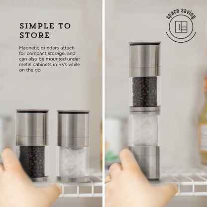 Kamenstein Magnetic Salt and Pepper Grinder Filled with Spices, Set Of 2, Stainless Steel