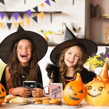 JarThenaAMCS 2Pcs Halloween Mugs Wicked Witch Coffee Mug Pink Black Ceramic Drinking Cup for Halloween Party Supplies Table Centerpieces, 12oz