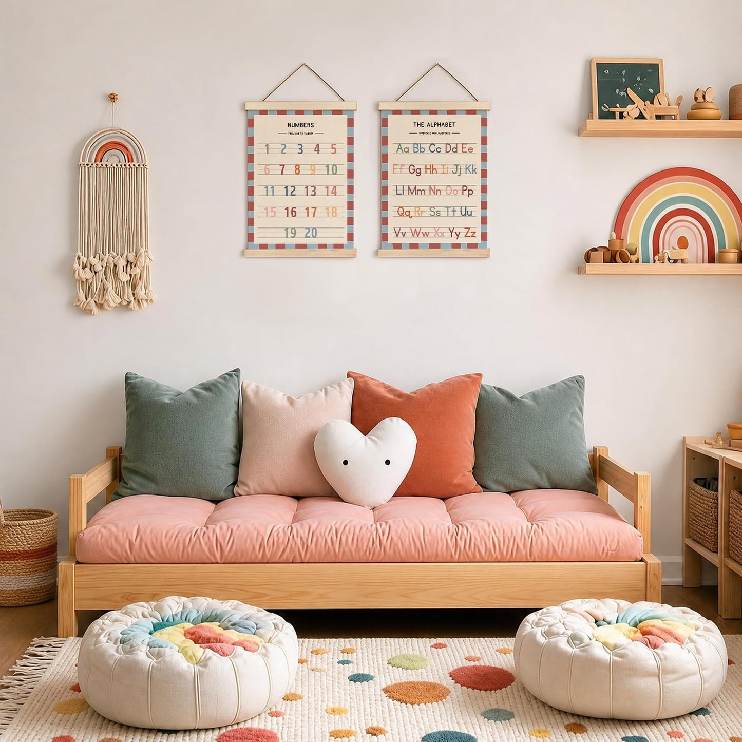 AEREYGBJYJ Numbers and Alphabet Nursery Wall Art Decor Poster Framed, Retro Boho ABC Kids Educational Learning Canvas Wall Art for Toddler Kids Bedroom Playroom Classroom, 12x16 Inch Set of 2